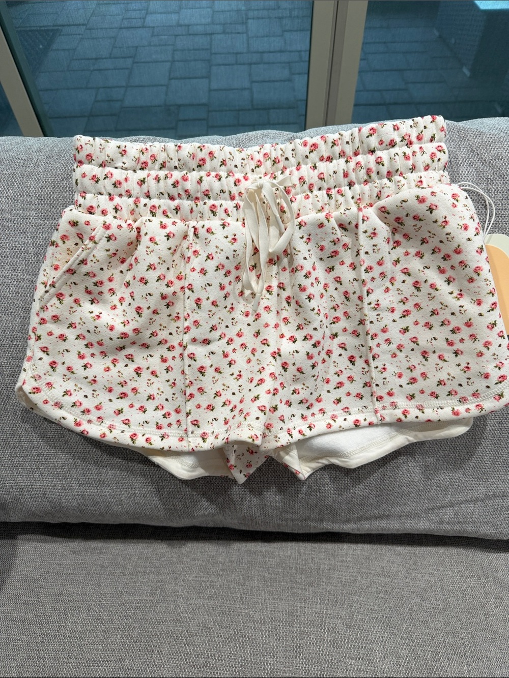 Smocked Waist Floral Skort Shorts - White with Pink Rose Print